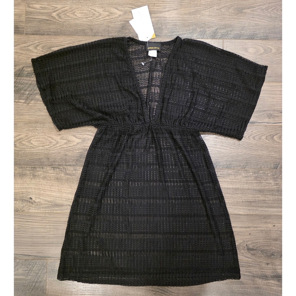 Women's sz M Jordan Taylor Black Crochet Knit V-Neck Swim Cover-Up Dress AC119P‎